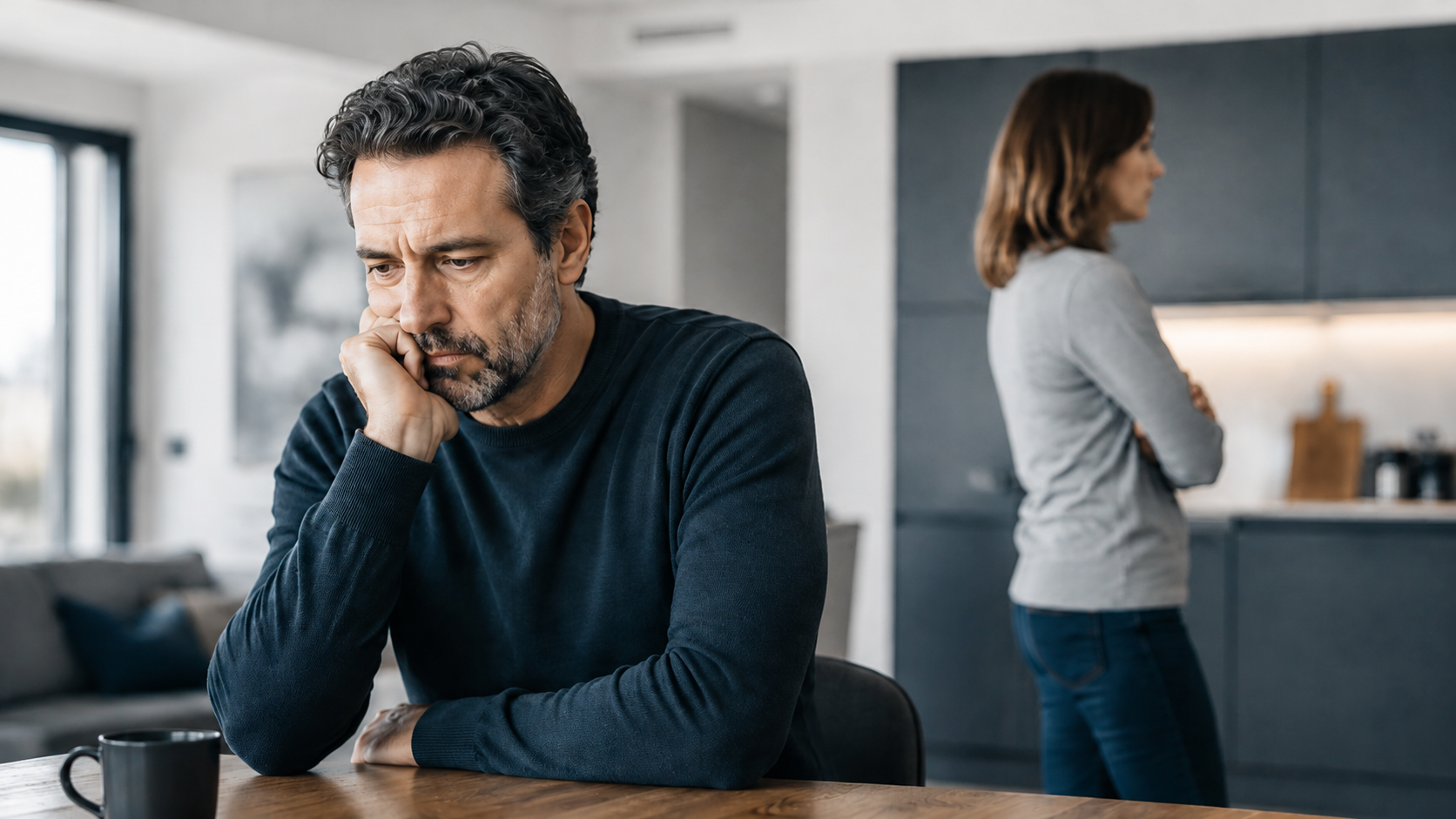Couple arguing in kitchen, man sitting dejected