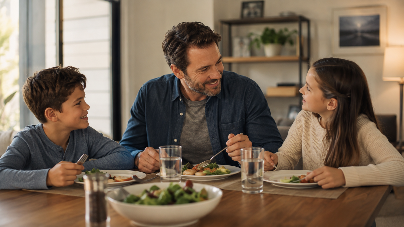 Father and two children smiling at dinner
